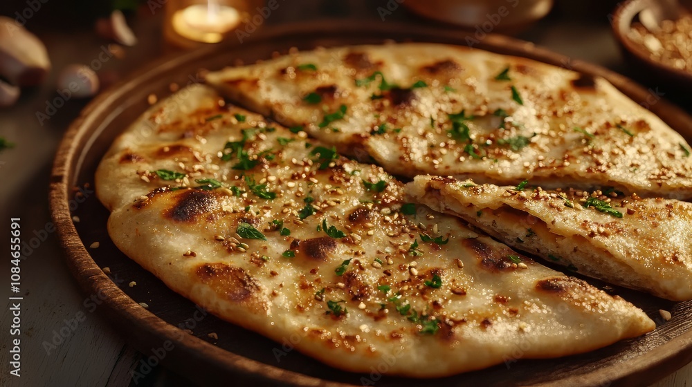 Indian naan bread with herbs and garlic seasoning on plate. indian food. Ultra realistic. Photorealistic hypermaximalist advertising photography hyper realistic fine detail Indian naan bread with herbs and garlic seasoning on plate. indian food. Ultra realistic. Photorealistic hypermaximalist advertising photography hyper realistic fine detail