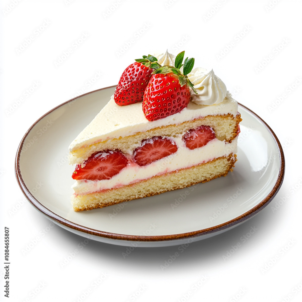 Illustration of a strawberry cake slice with whipped cream on a white plate. Illustration of a strawberry cake slice with whipped cream on a white plate.