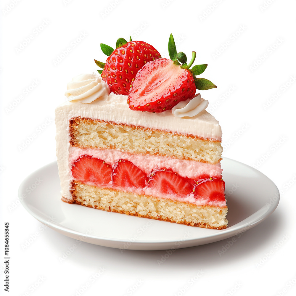 Illustration of a strawberry cake slice with whipped cream on a white plate. Illustration of a strawberry cake slice with whipped cream on a white plate.