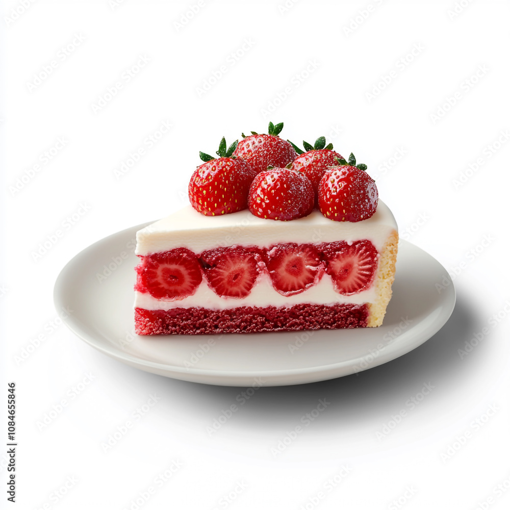 Illustration of a strawberry cake slice with whipped cream on a white plate. Illustration of a strawberry cake slice with whipped cream on a white plate.