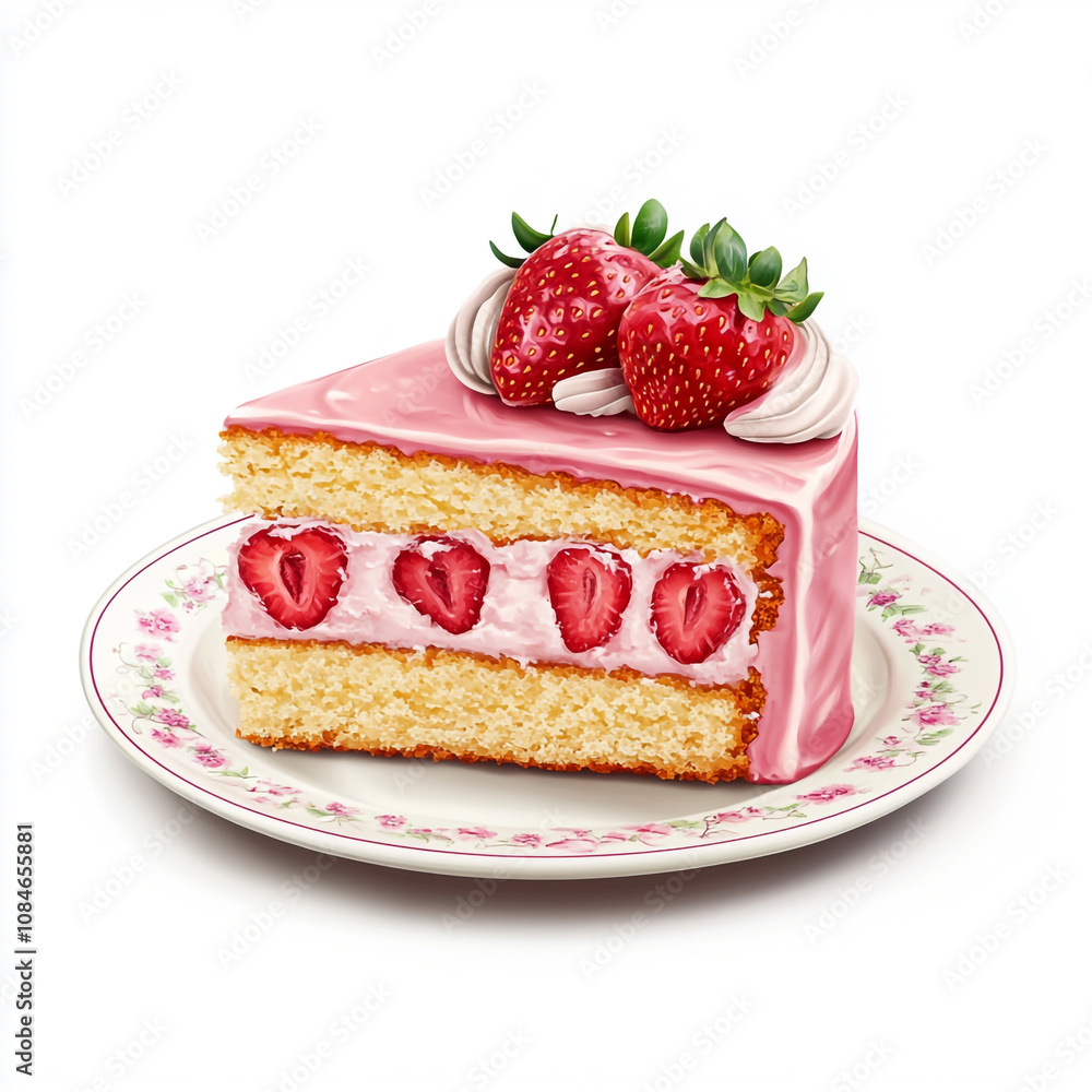 Illustration of a strawberry cake slice with whipped cream on a white plate. Illustration of a strawberry cake slice with whipped cream on a white plate.