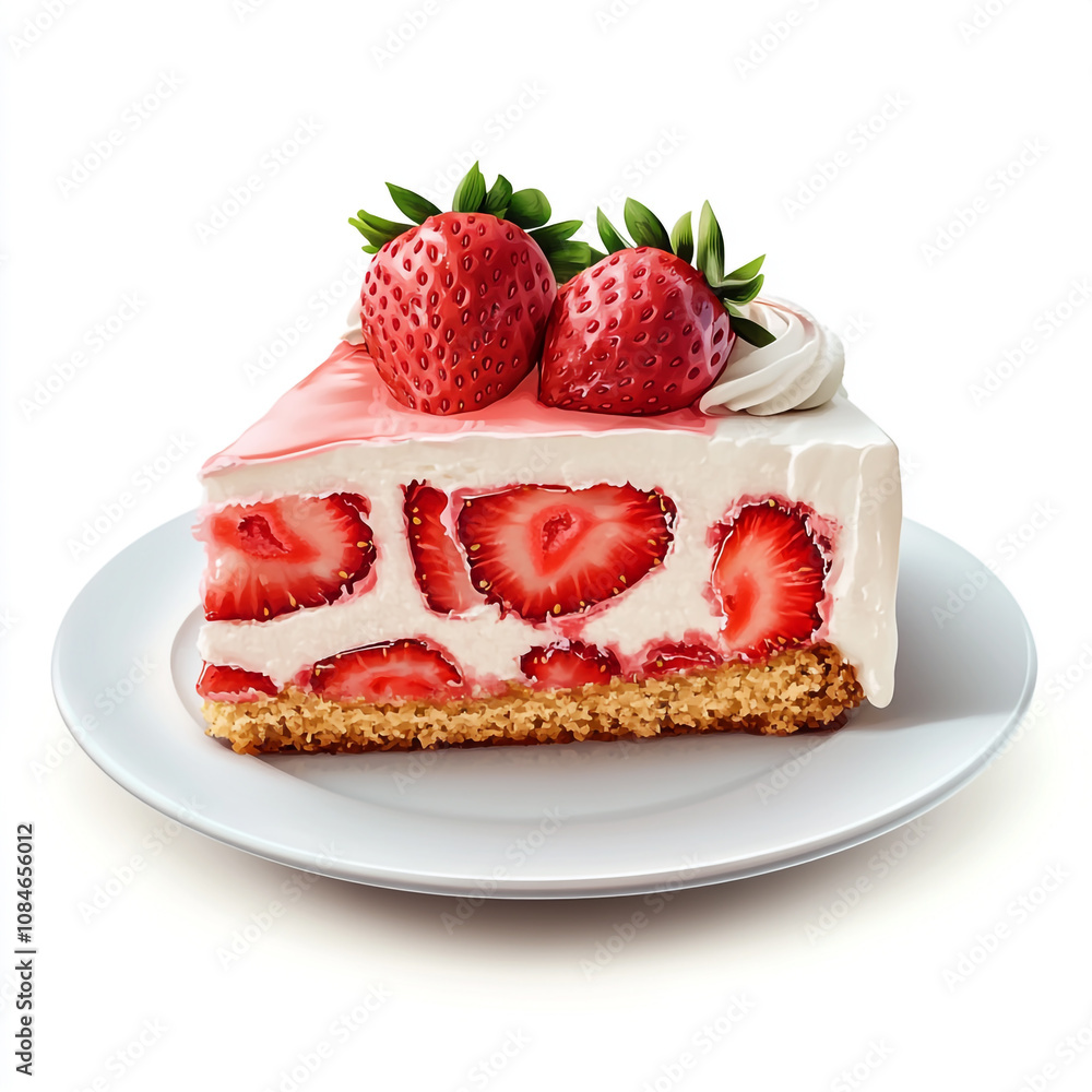 Illustration of a strawberry cake slice with whipped cream on a white plate. Illustration of a strawberry cake slice with whipped cream on a white plate.