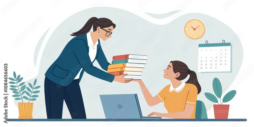 Experienced indian businesswoman handing over a stack of books to a young intern, promoting knowledge transfer and collaboration in a modern office setting with a laptop, calendar, and plants Experienced indian businesswoman handing over a stack of books to a young intern, promoting knowledge transfer and collaboration in a modern office setting with a laptop, calendar, and plants
