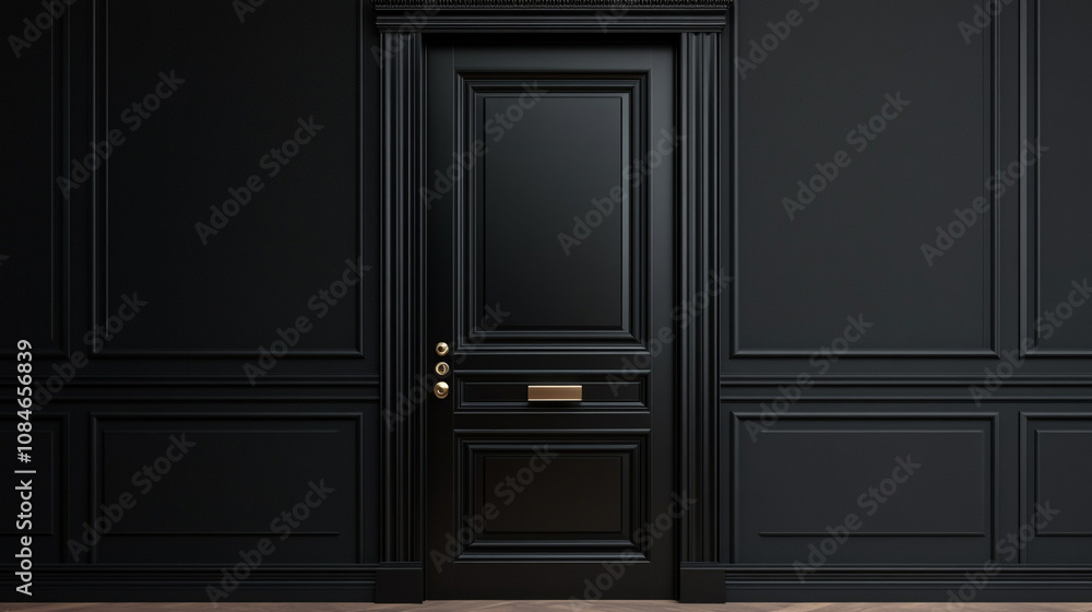 Elegant Black Door with Gold Accents Dark Paneling Wall Elegant Black Door with Gold Accents Dark Paneling Wall