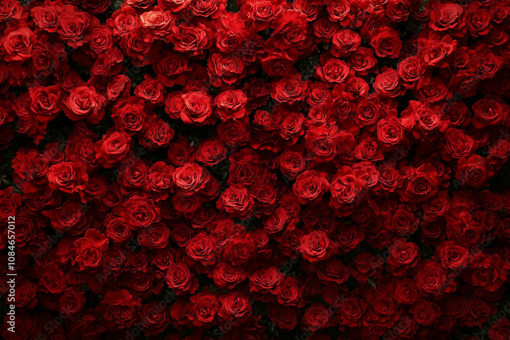 Illustration of a massive wall of red roses, with each rose blooming in full bloom, creating an enchanting and romantic atmosphere. Illustration of a massive wall of red roses, with each rose blooming in full bloom, creating an enchanting and romantic atmosphere.