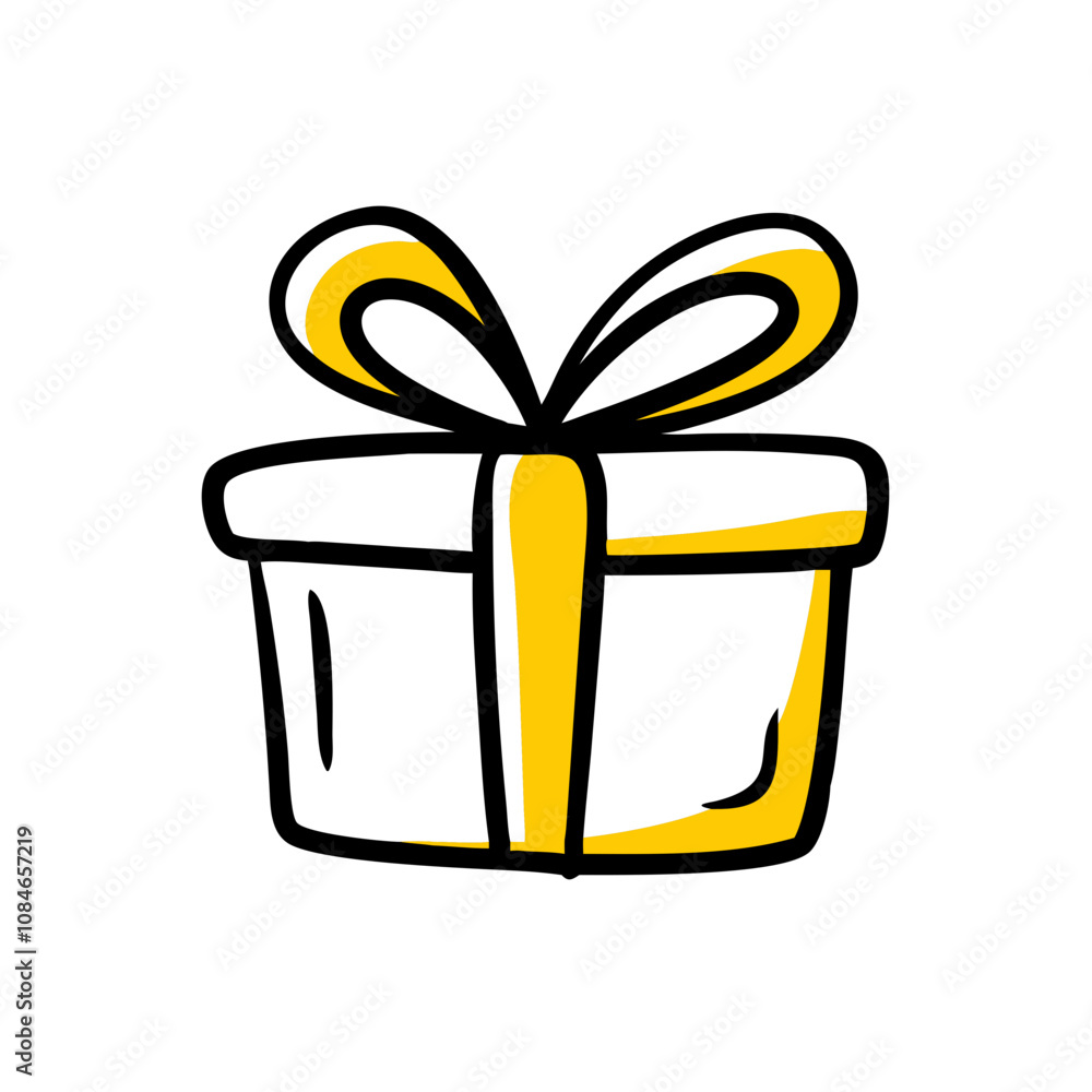 A simple drawing of a gift box features a yellow ribbon tied into a bow on top A simple drawing of a gift box features a yellow ribbon tied into a bow on top