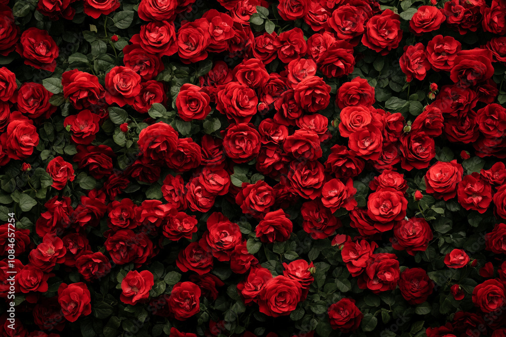 Illustration of a massive wall of red roses, with each rose blooming in full bloom, creating an enchanting and romantic atmosphere. Illustration of a massive wall of red roses, with each rose blooming in full bloom, creating an enchanting and romantic atmosphere.