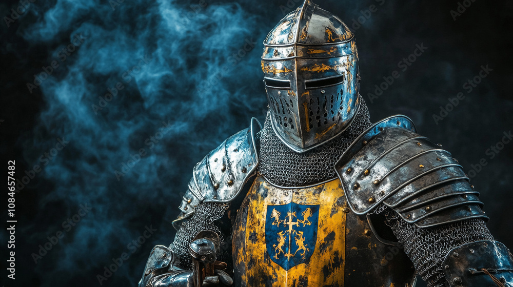 Medieval Knight in Armor Dark Background Smoke Battle History Medieval Knight in Armor Dark Background Smoke Battle History