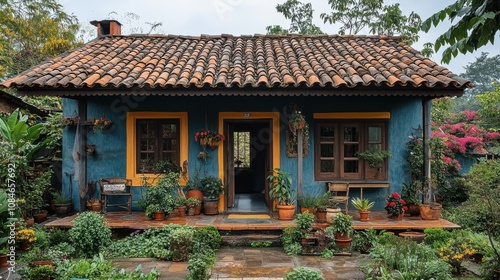 a small house with a small tree and plants