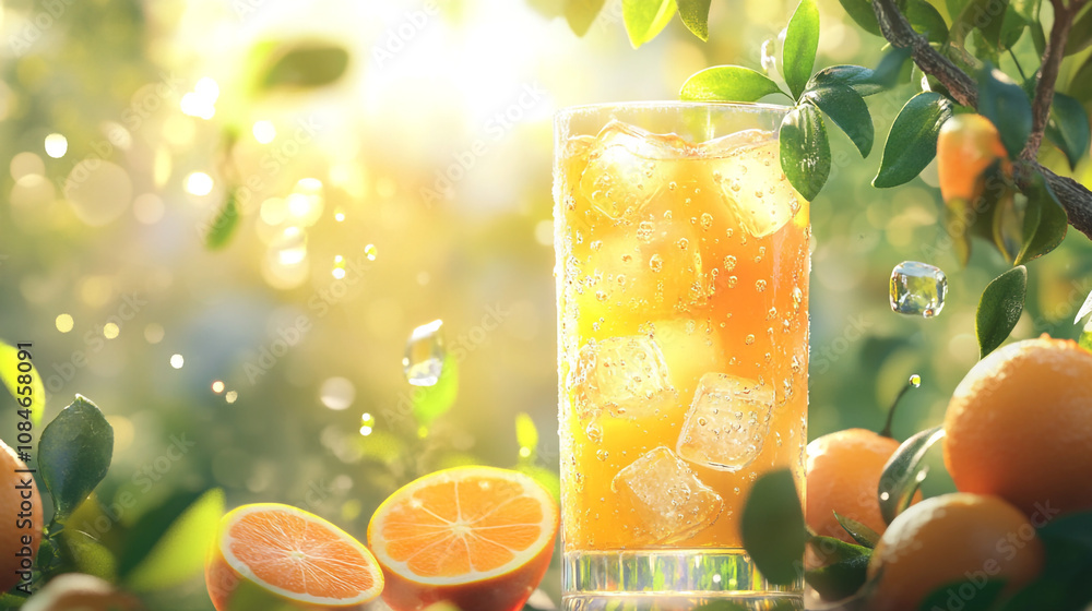 Refreshing Orange Juice Drink with Ice Cubes Summer Sunlight Citrus Fruits Refreshing Orange Juice Drink with Ice Cubes Summer Sunlight Citrus Fruits