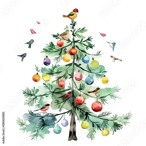 A watercolor painting of a Christmas tree, isolated on a white background. Christmas tree vector.