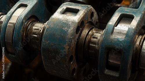 Close-Up View of Industrial Machinery Components with Rust and Wear Showing Detail of Mechanical Engineering and Functional Design in a Factory Setting