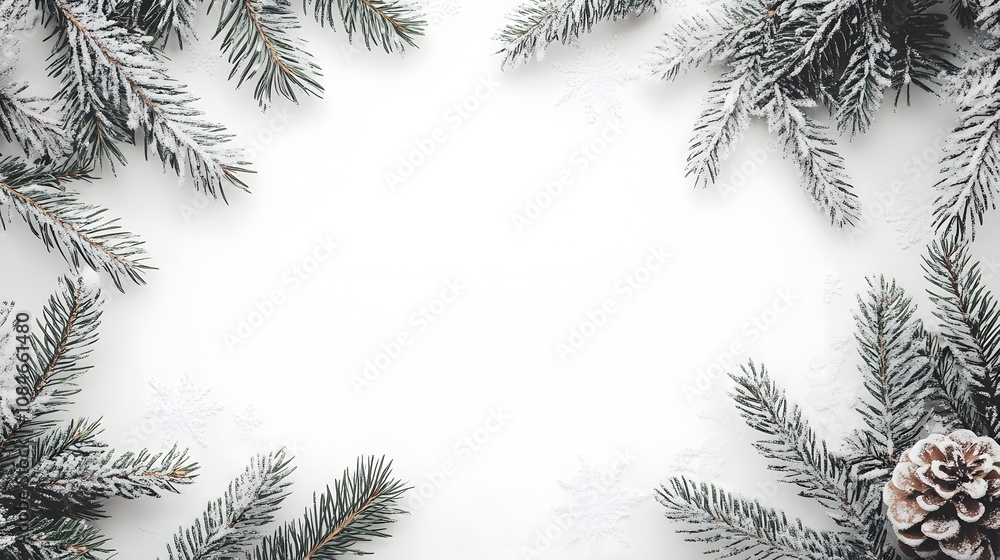 Winter Wonderland Background with Snow-Covered Pine Branches and Pine Cone, Perfect for Holiday Designs, Greeting Cards, and Seasonal Themes Winter Wonderland Background with Snow-Covered Pine Branches and Pine Cone, Perfect for Holiday Designs, Greeting Cards, and Seasonal Themes