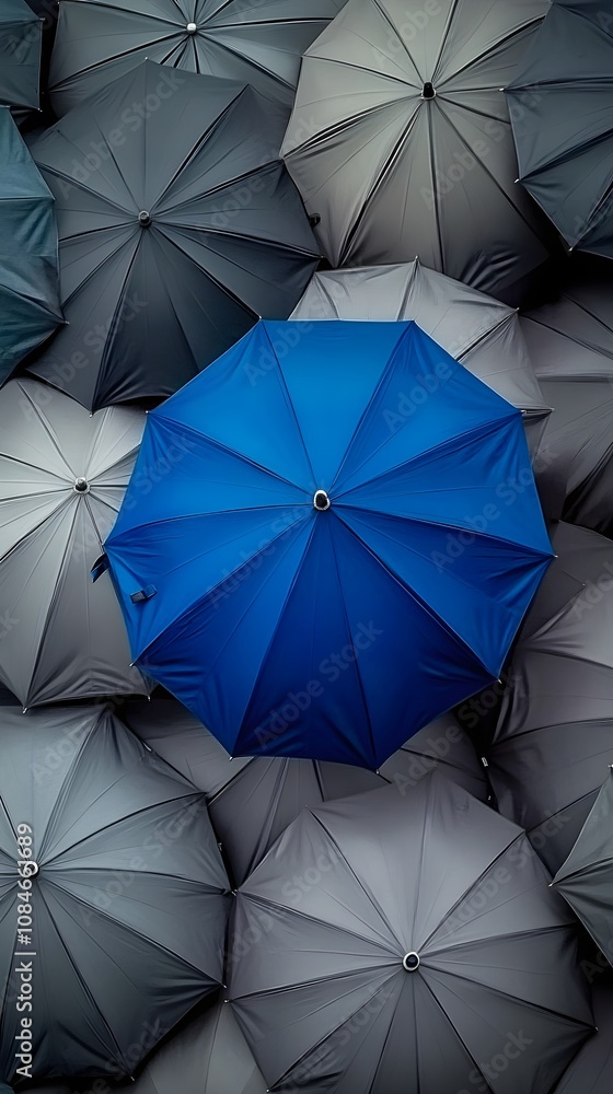 Vibrant Blue Umbrella Stands Out Amongst a Sea of Gray Umbrellas, Symbolizing Uniqueness and Individuality in a Monochromatic World Vibrant Blue Umbrella Stands Out Amongst a Sea of Gray Umbrellas, Symbolizing Uniqueness and Individuality in a Monochromatic World