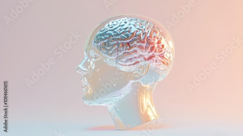 Exploring brain functionality in a transparent sculpture art installation modern gallery contemporary space side profile conceptual visualization for neuropsychology and art enthusiasts