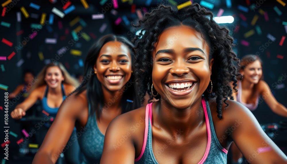 Fototapeta premium Celebrating fitness and friendship at a vibrant indoor cycling class filled with confetti and laughter during a lively evening workout session