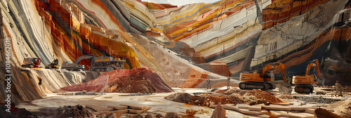 Vivid Depiction of Ore Extraction and Geological Strata in Open Pit Mining