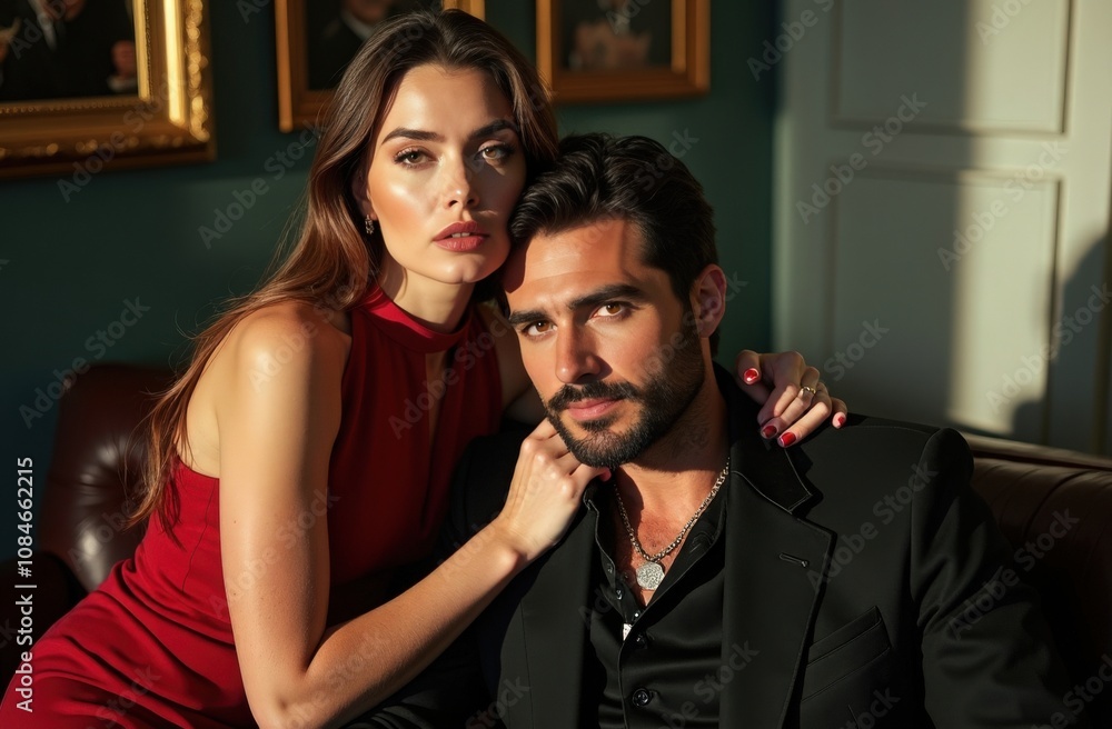 A glamorous couple poses elegantly in a luxurious room filled with classic art during a warm, golden hour A glamorous couple poses elegantly in a luxurious room filled with classic art during a warm, golden hour