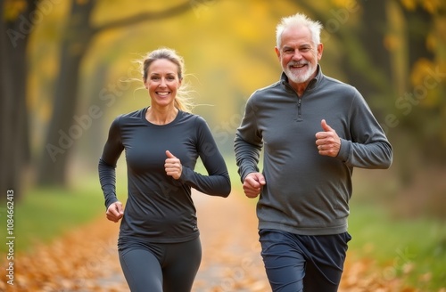 Joyful runners enjoying a vibrant autumn morning in a peaceful park while embracing fitness and connection
