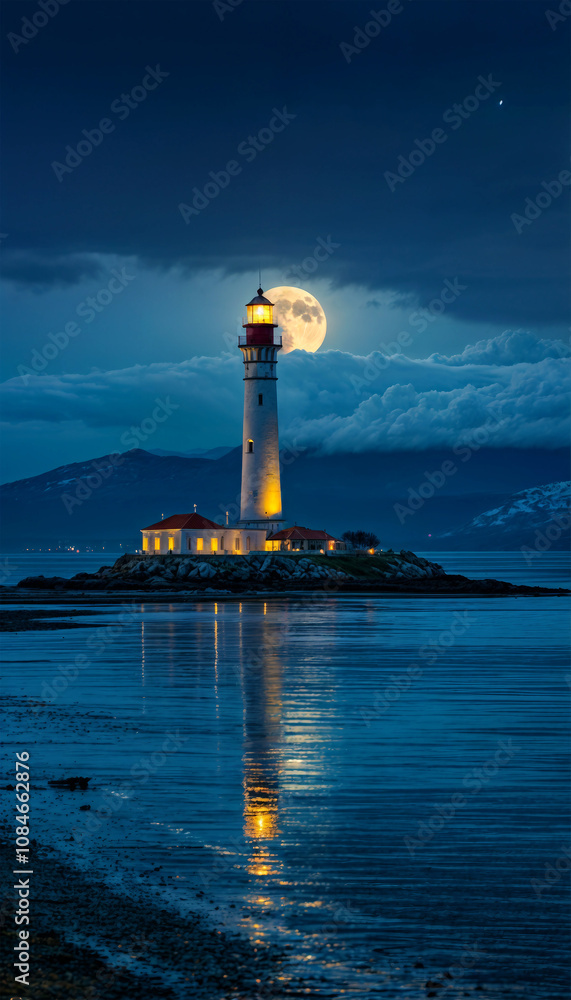 Naklejka premium Old lighthouse. Lighthouse on the seashore at full moon