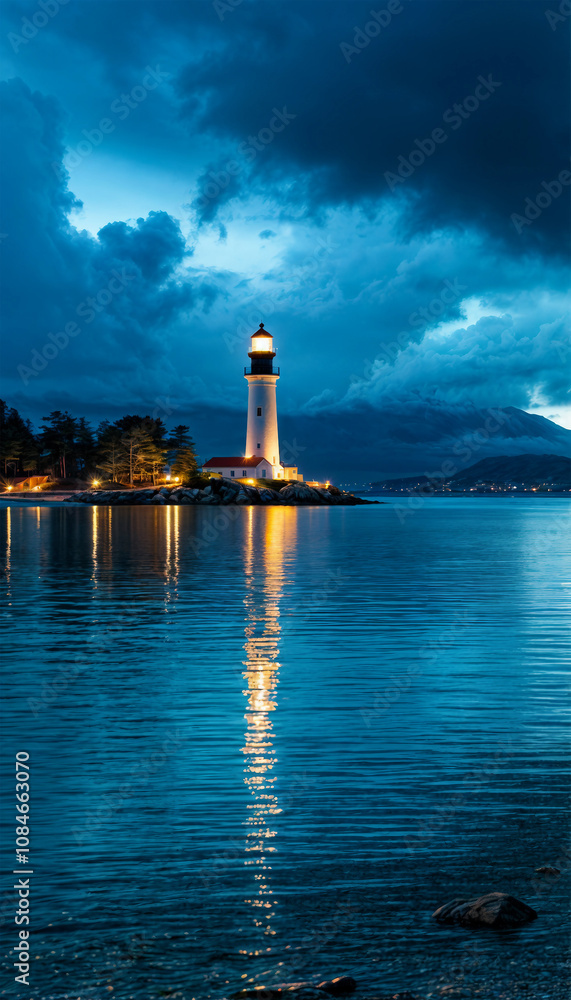 Fototapeta premium Old lighthouse by the sea at night