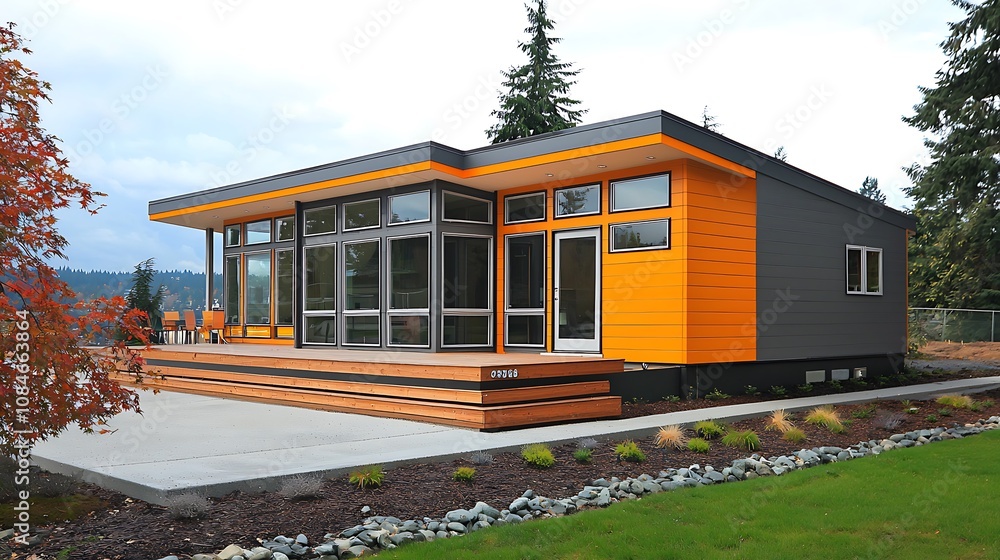 Fototapeta premium Exterior designs of modular homes featuring modern architecture.