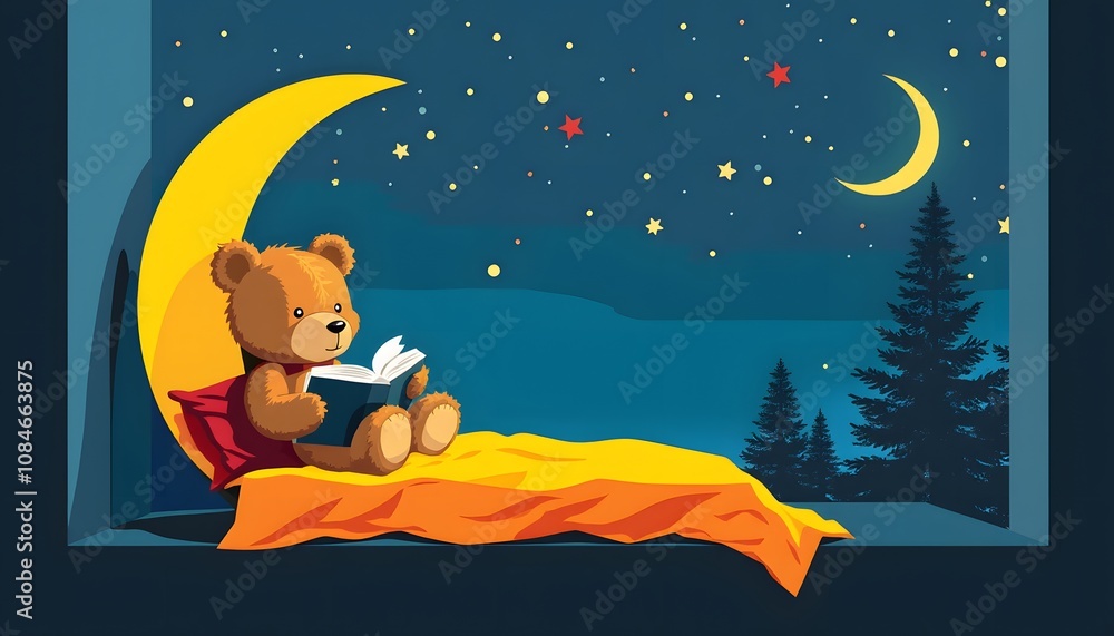 Fototapeta premium Teddy Bear Reading Book Night Sky Moon Stars Bedtime Story