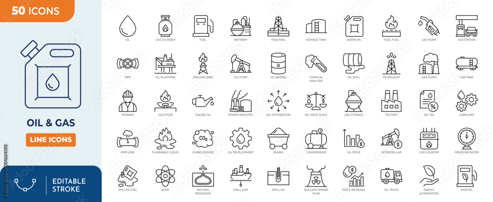 Oil and Gas editable icon set. Containing fuel, refinery, petroleum, oil well, gas pump, offshore platform, lubricant, oil barrel and more. Editable stroke. Vector illustration Oil and Gas editable icon set. Containing fuel, refinery, petroleum, oil well, gas pump, offshore platform, lubricant, oil barrel and more. Editable stroke. Vector illustration