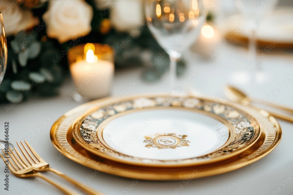 Elegant dinner setting luxurious venue table decor romantic atmosphere close-up fine dining experience Elegant dinner setting luxurious venue table decor romantic atmosphere close-up fine dining experience