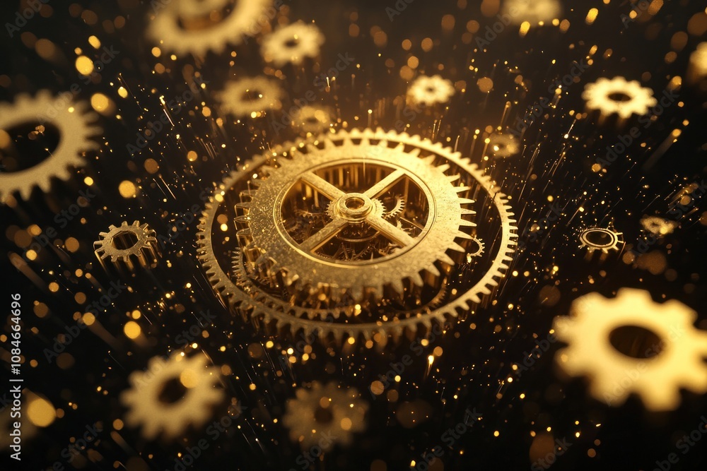 Dynamic industrial mechanism abstract gold gears graphic design energetic environment close-up view technology concept Dynamic industrial mechanism abstract gold gears graphic design energetic environment close-up view technology concept