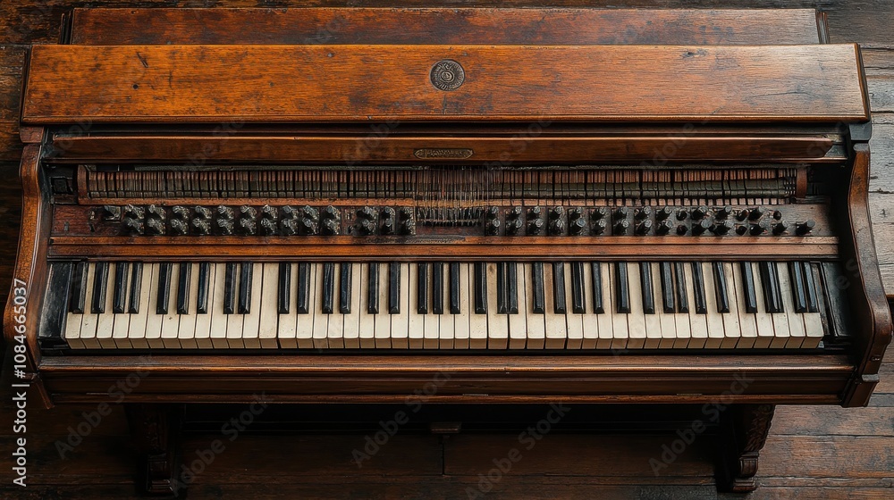 a wooden piano with black and white keys a wooden piano with black and white keys