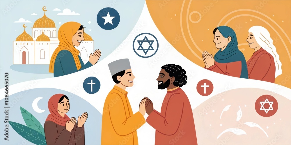 Praying people from different religions are showing mutual respect and celebrating diversity, promoting interfaith dialogue and religious harmony