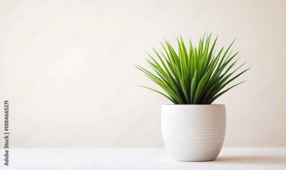 A potted plant with green leaves sits on a white surface against a white wall. A potted plant with green leaves sits on a white surface against a white wall.