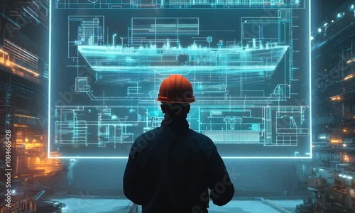 Engineer examining ship blueprint