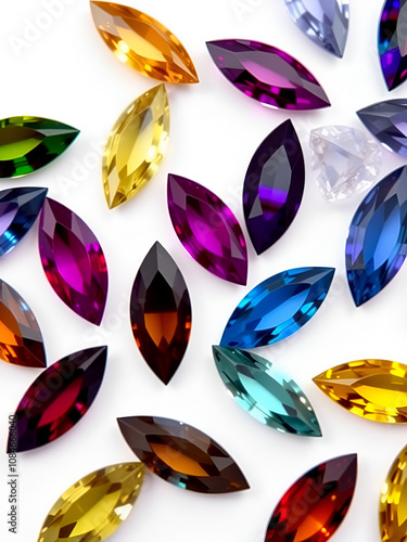 Set of multi colored marquise cut diamonds isolated on white background photo