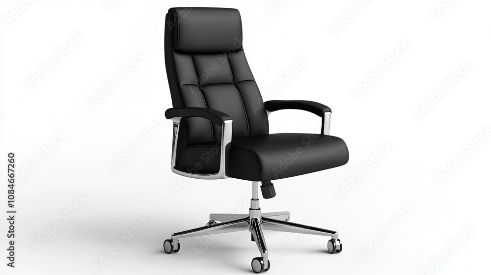 Black leather office chair with chrome base and wheels on a white background. Black leather office chair with chrome base and wheels on a white background.