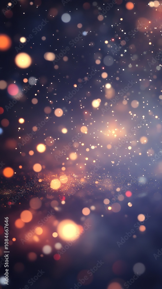 Obraz premium Glittering festive light bokeh with soft orange and white hues against a deep twilight blue background, ideal for celebratory designs