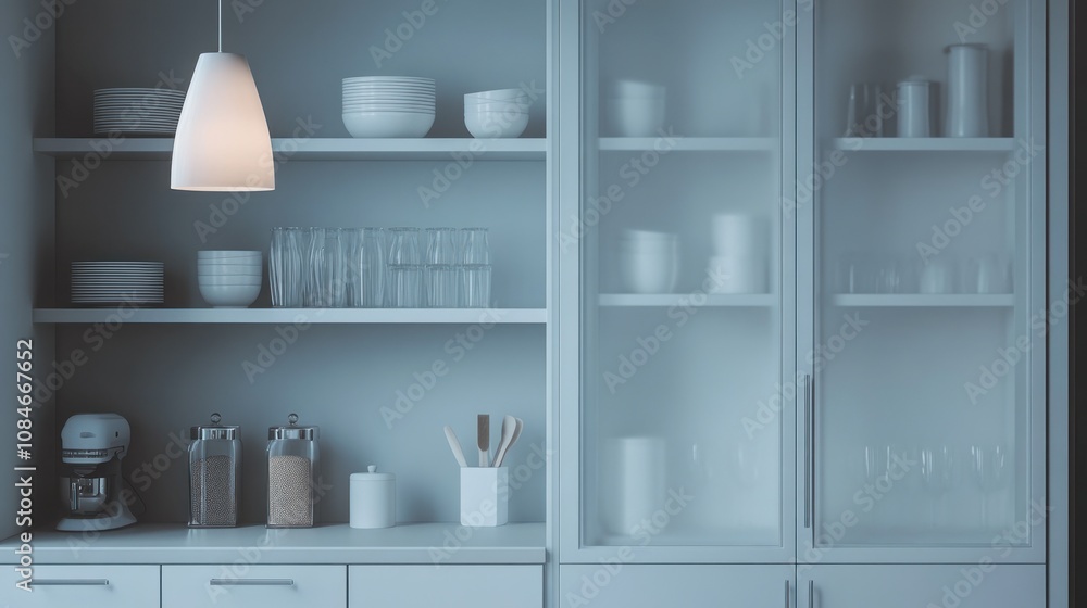 Ultra-minimalist stock cupboard with frosted glass doors, clean and open shelves, modern lighting, neutral tones Ultra-minimalist stock cupboard with frosted glass doors, clean and open shelves, modern lighting, neutral tones
