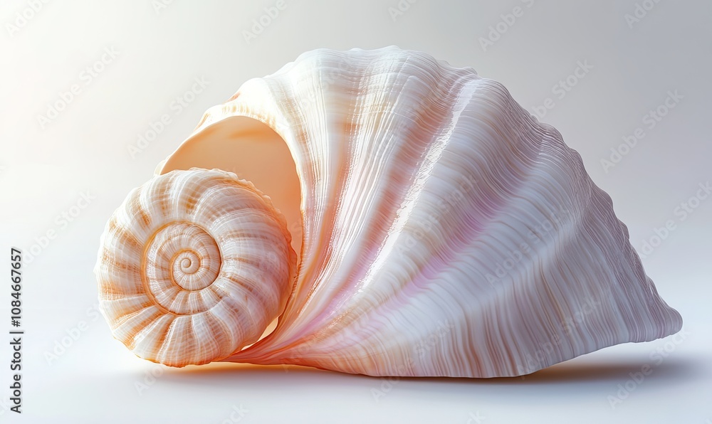 Close-up of a large, spiraled seashell with a pearly, pink-white hue against a bright background. Close-up of a large, spiraled seashell with a pearly, pink-white hue against a bright background.
