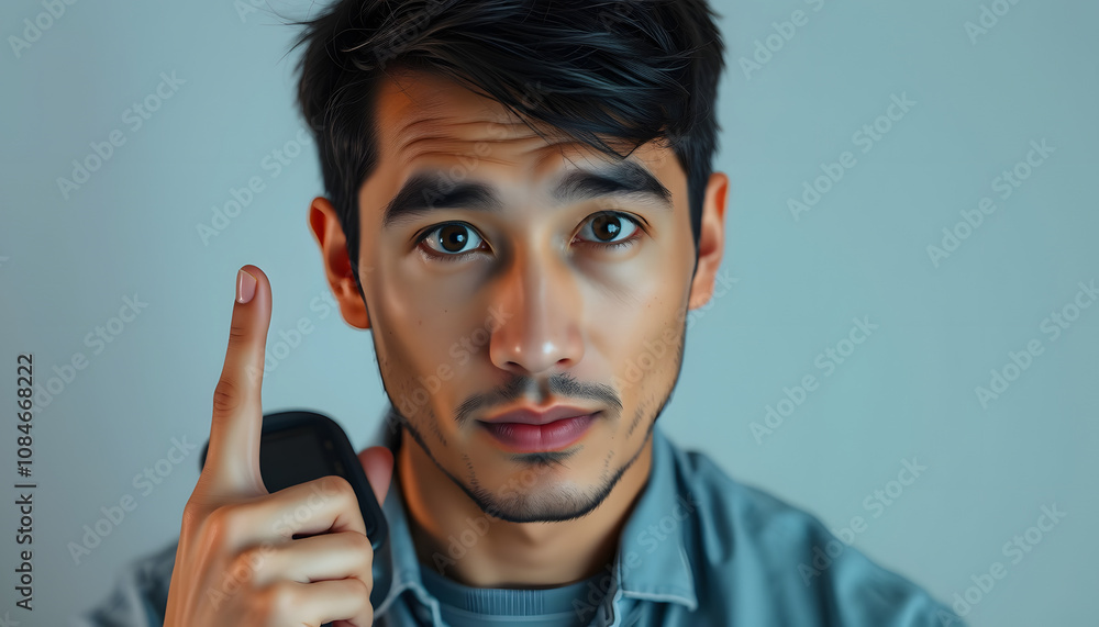 Non binary person using blood pressure monitor thinking attitude and sober expression looking self confident isolated with white highlights, png Non binary person using blood pressure monitor thinking attitude and sober expression looking self confident isolated with white highlights, png