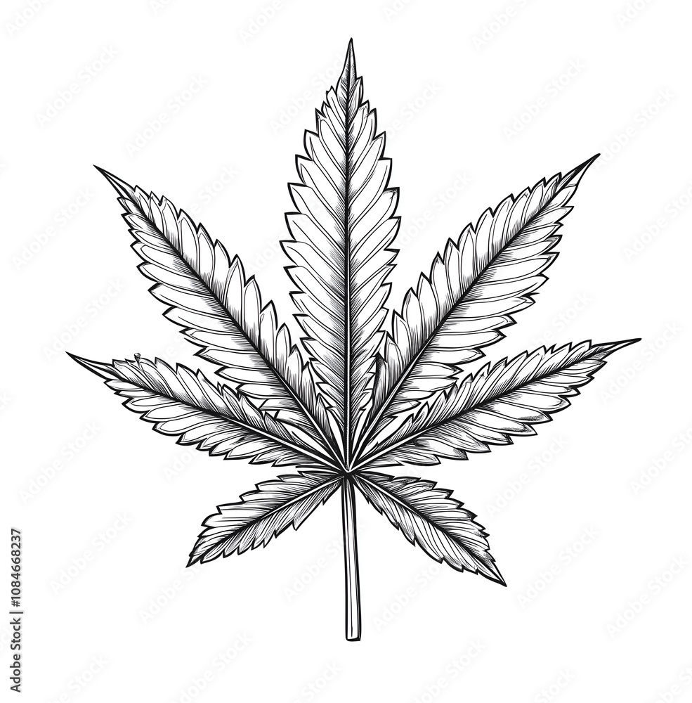 Cannabis leaf simple line art drawing on white background, clipart Cannabis leaf simple line art drawing on white background, clipart