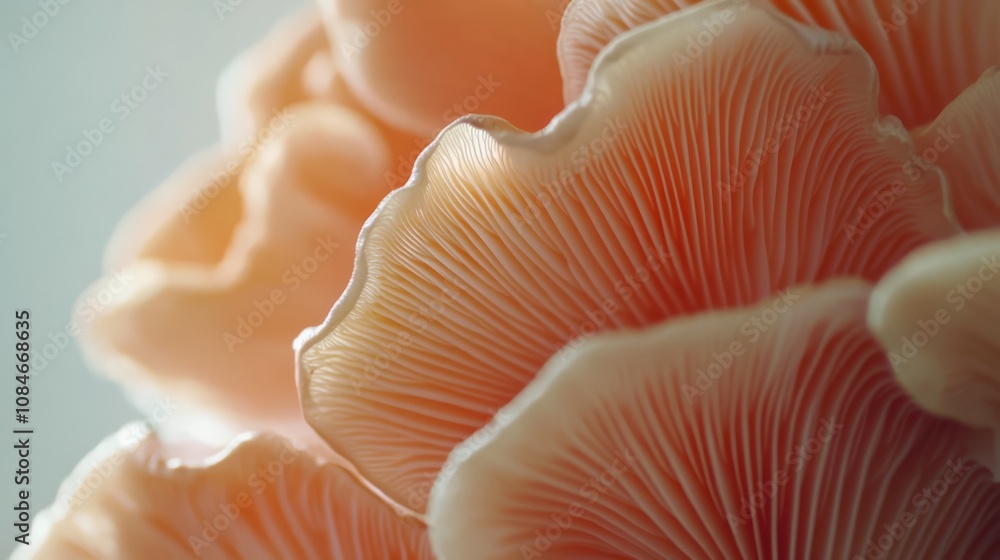 Close-up of pink oyster mushrooms with delicate gills and a soft, pastel color. Close-up of pink oyster mushrooms with delicate gills and a soft, pastel color.