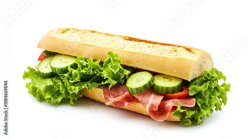 Sub with ham and lettuce isolated on white background.