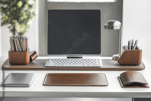 A modern home office with sleek blue walls, built-in shelves with books and plants, a minimal desk setup with a computer, a comfortable chair, soft lighting, and a potted plant near a large glass wind photo