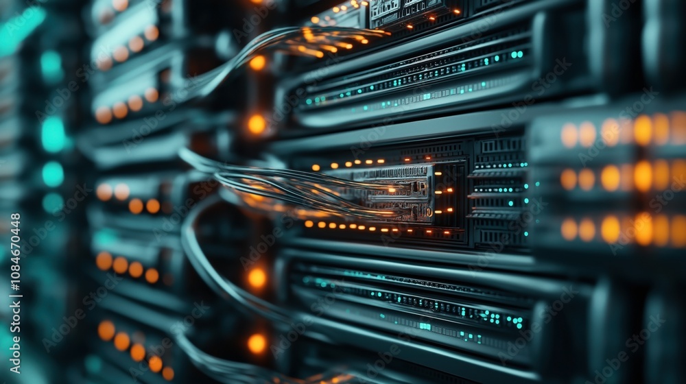 Close-up view of a data center server rack with colorful LED lights and connected network cables, representing modern information technology infrastructure and digital data management. Close-up view of a data center server rack with colorful LED lights and connected network cables, representing modern information technology infrastructure and digital data management.