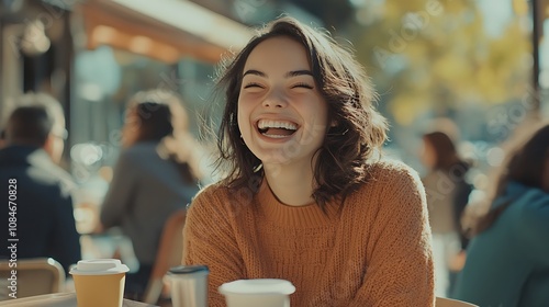 Woman Laughing with Friends at a Café
