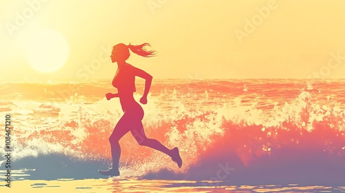 Woman Running on a Beach at Sunrise