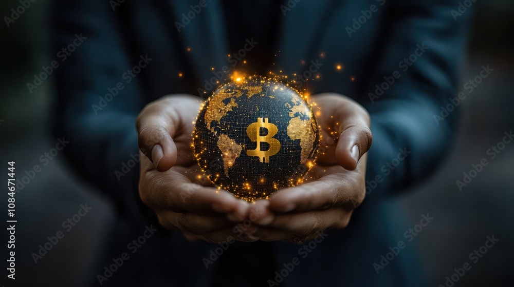 Fototapeta premium businessman holding virtual world with currency sign for forex exchange and global money transfer by technology concept