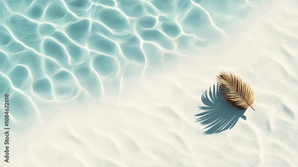 Tropical beach scene with rippling turquoise water and a dried palm leaf casting a shadow on white sand. Tropical beach scene with rippling turquoise water and a dried palm leaf casting a shadow on white sand.