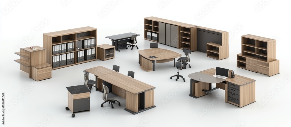 Modern school furniture, including desks, chairs, and storage units, well-arranged, Modern school furniture, including desks, chairs, and storage units, well-arranged,